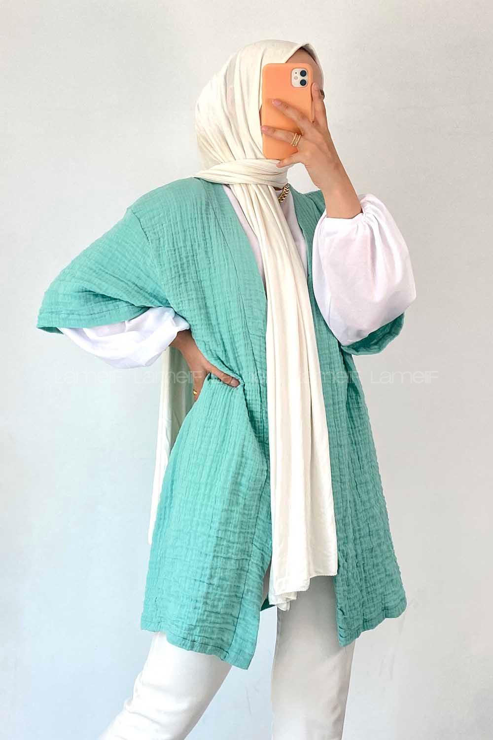 Modalamelif Gofre Kısa Kollu Kimono Çağla Yeşili