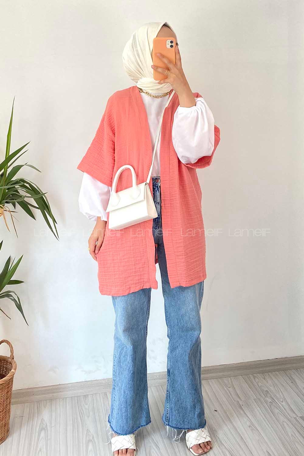 Modalamelif Gofre Kısa Kollu Kimono Gül