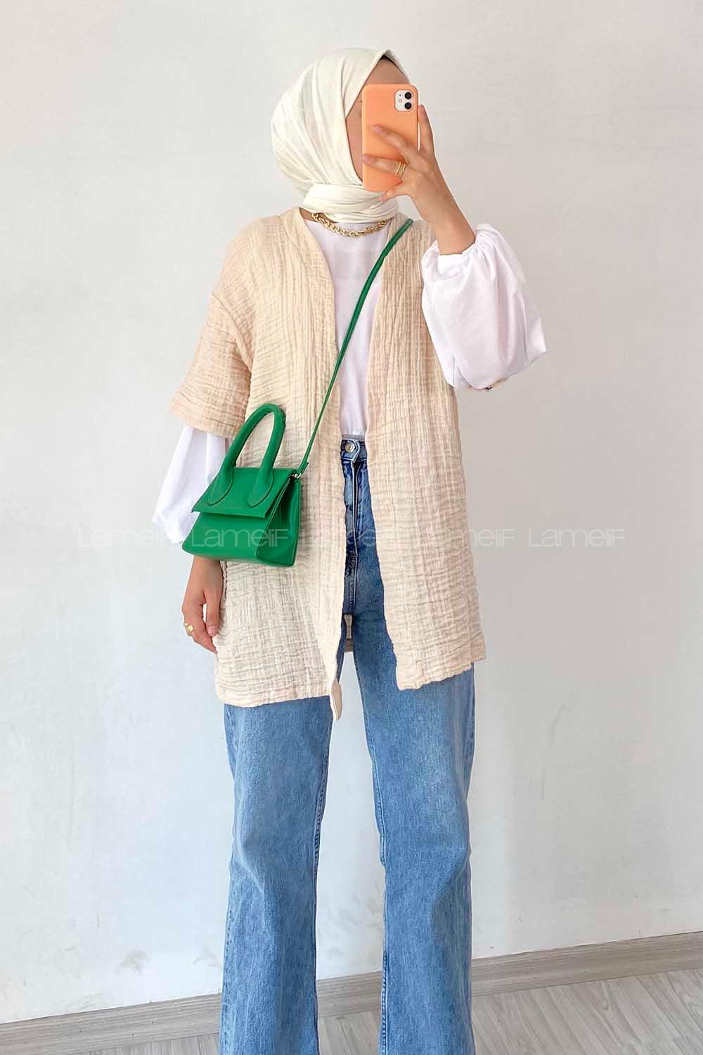 Modalamelif Gofre Kısa Kollu Kimono Krem