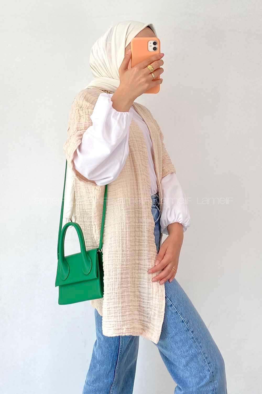 Modalamelif Gofre Kısa Kollu Kimono Krem