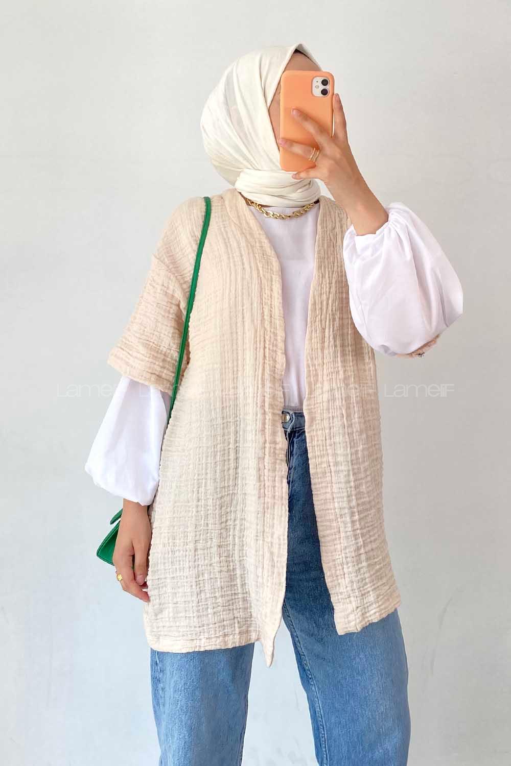 Modalamelif Gofre Kısa Kollu Kimono Krem