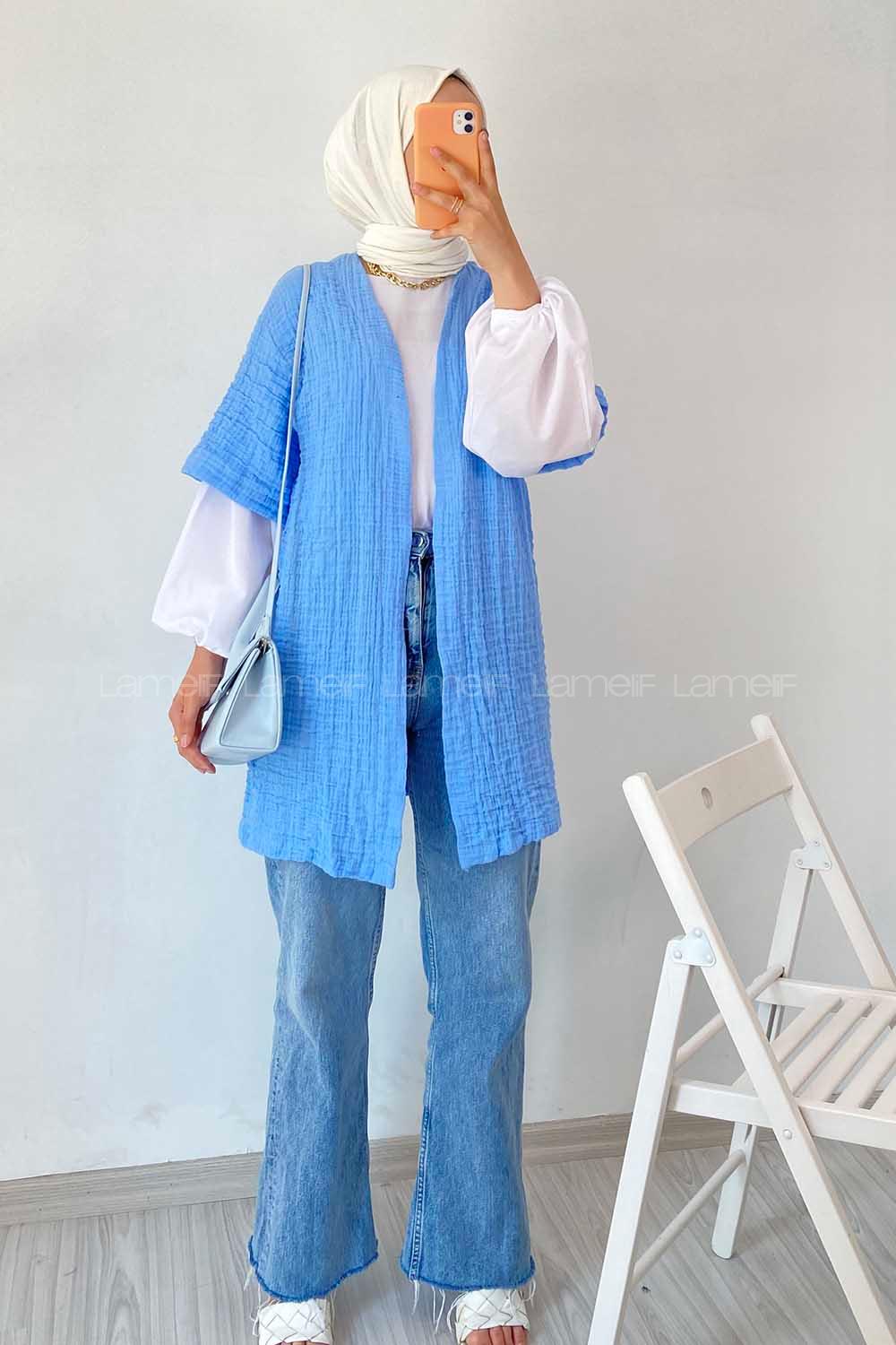 Modalamelif Gofre Kısa Kollu Kimono Mavi