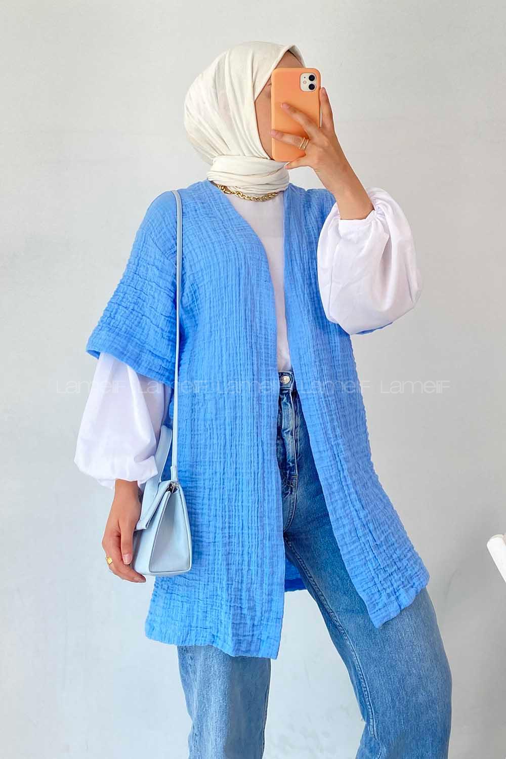 Modalamelif Gofre Kısa Kollu Kimono Mavi