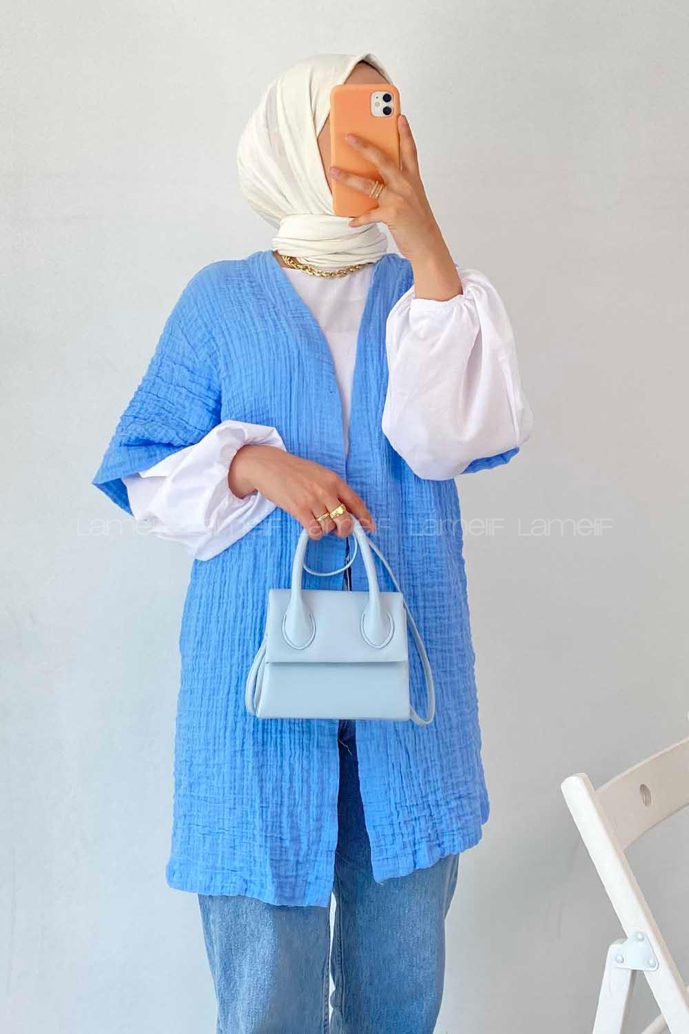 Modalamelif Gofre Kısa Kollu Kimono Mavi