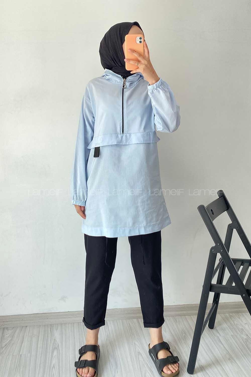 Modalamelif Kanguru Cep Yarım Fermuarlı Tunik Açık Mavi