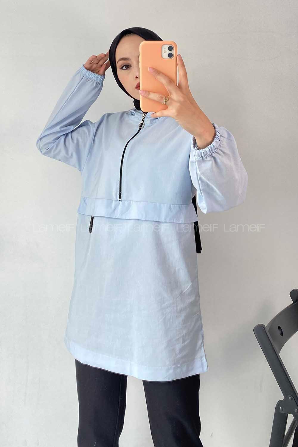 Modalamelif Kanguru Cep Yarım Fermuarlı Tunik Açık Mavi