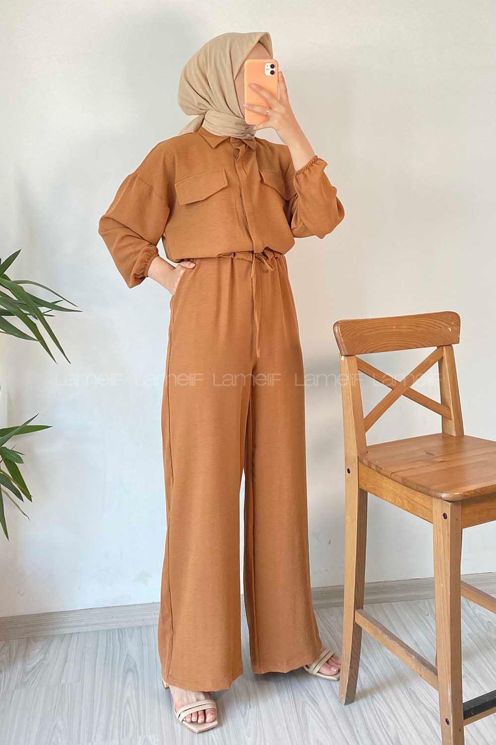 Modalamelif Kapak Cep Modelli Beli Tünel Bağlamalı Slopet Tulum Taba