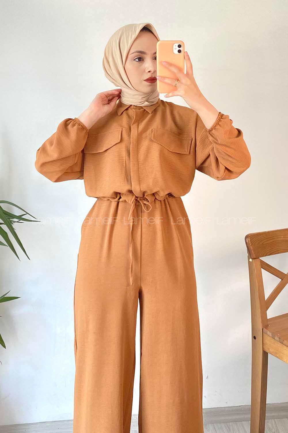 Modalamelif Kapak Cep Modelli Beli Tünel Bağlamalı Slopet Tulum Taba