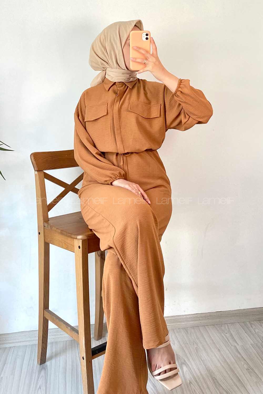 Modalamelif Kapak Cep Modelli Beli Tünel Bağlamalı Slopet Tulum Taba