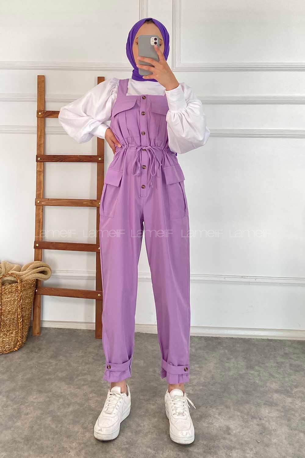 Modalamelif Kapak Cepli Beli Tünel Bağcıklı Bahçıvan Askılı Tulum Lila