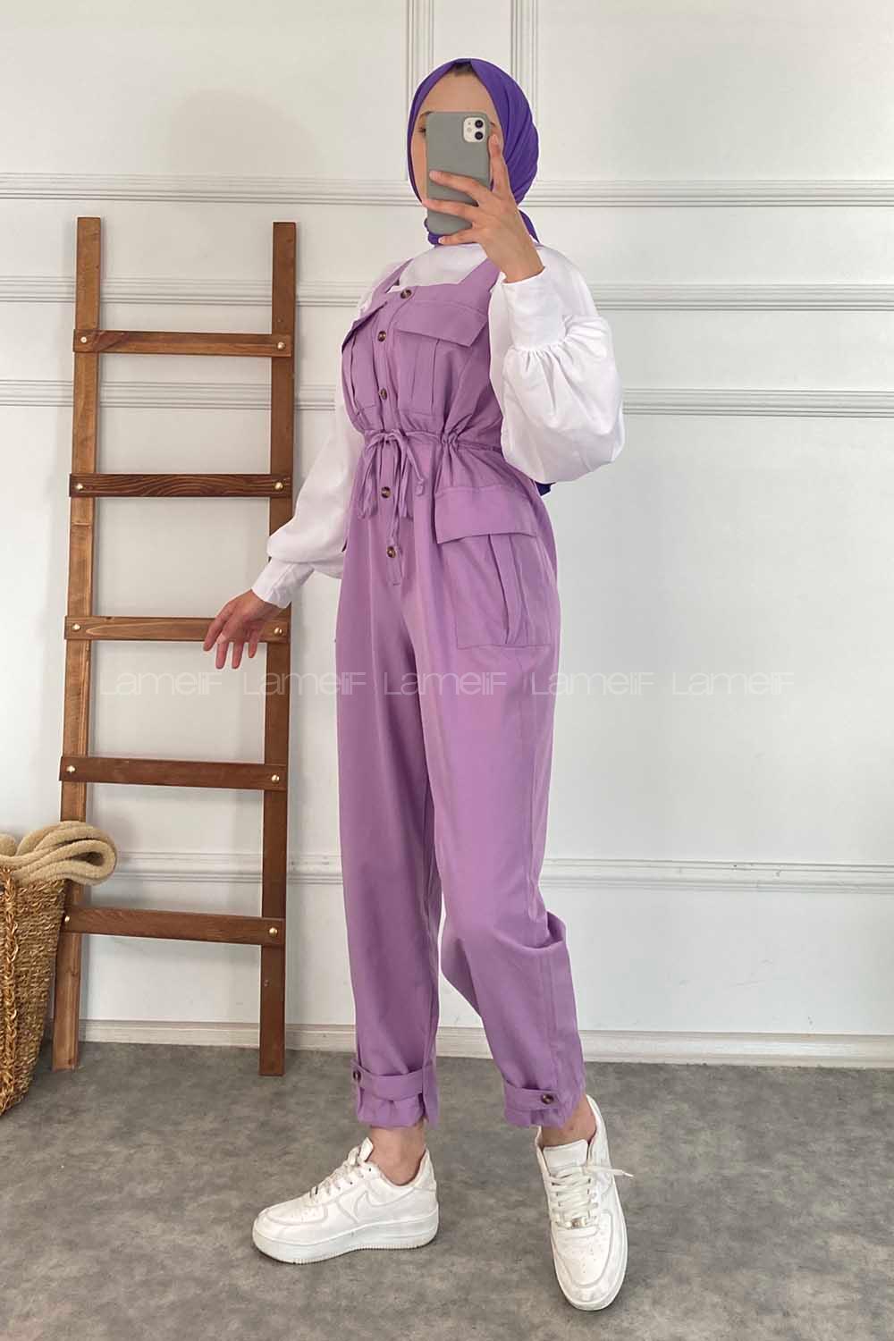 Modalamelif Kapak Cepli Beli Tünel Bağcıklı Bahçıvan Askılı Tulum Lila