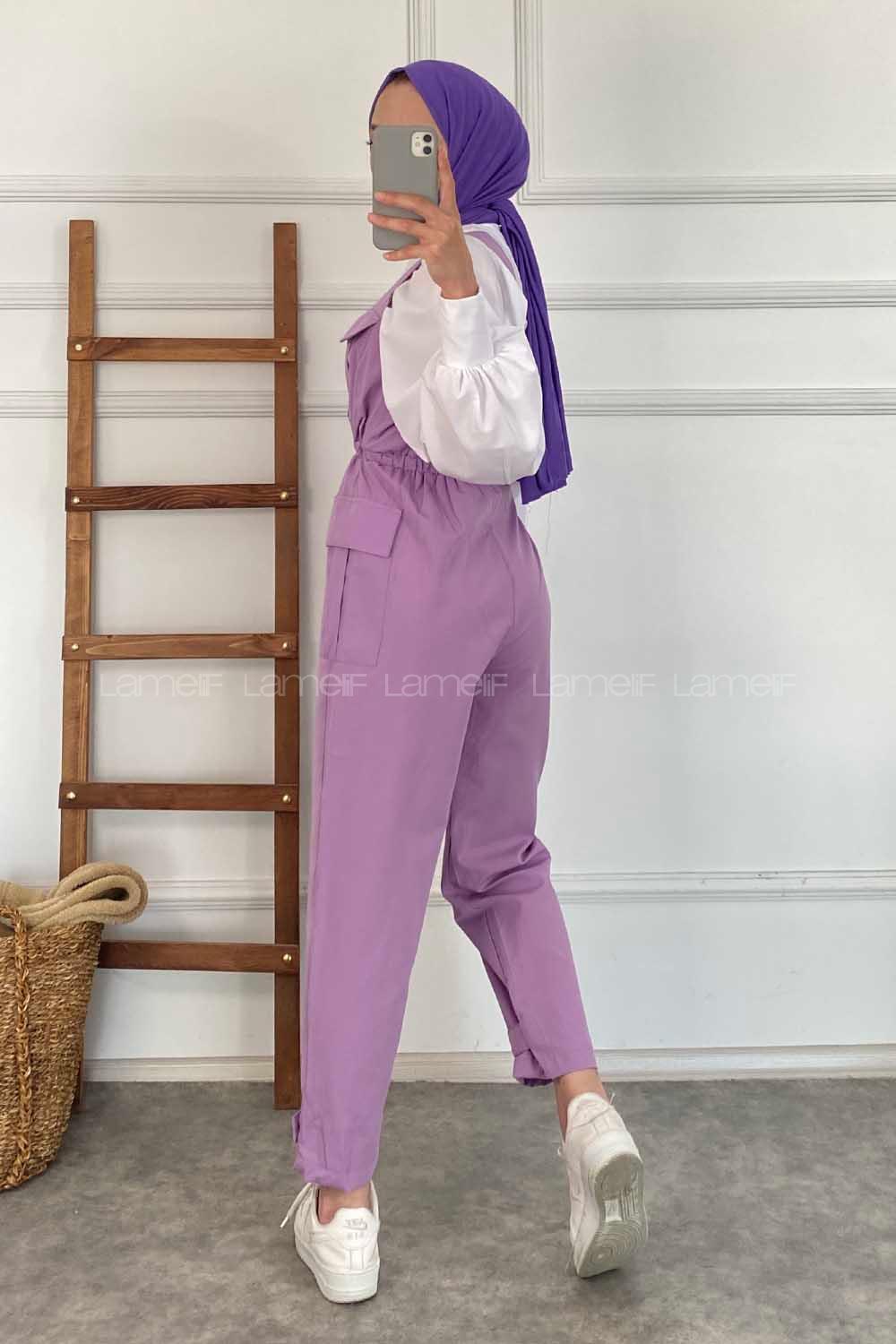 Modalamelif Kapak Cepli Beli Tünel Bağcıklı Bahçıvan Askılı Tulum Lila