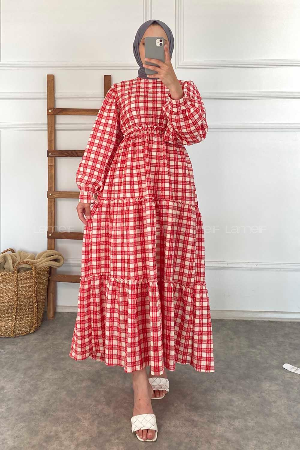 Modalamelif Kare Desenli Beli Lastikli Gofre Elbise Kırmızı