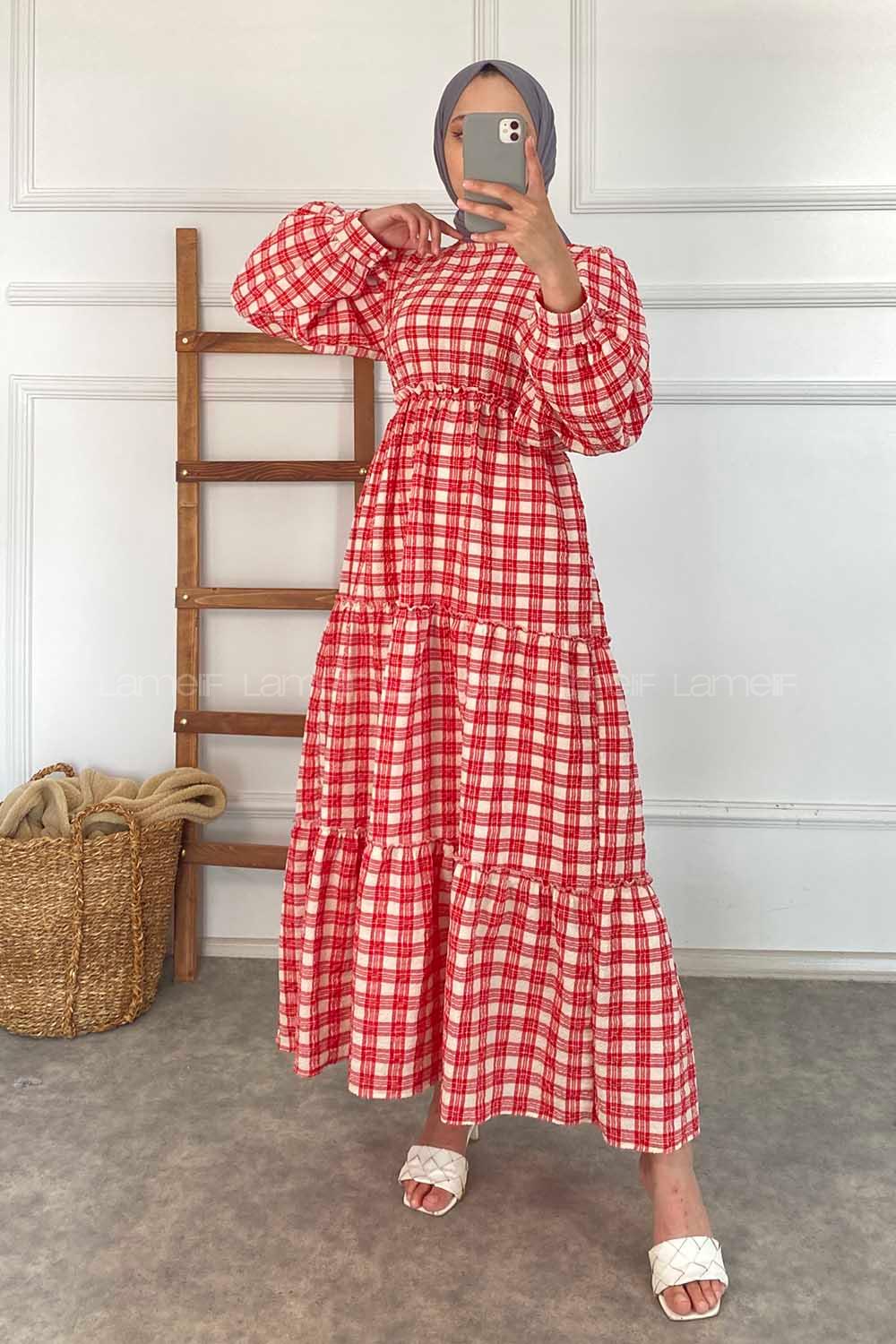 Modalamelif Kare Desenli Beli Lastikli Gofre Elbise Kırmızı