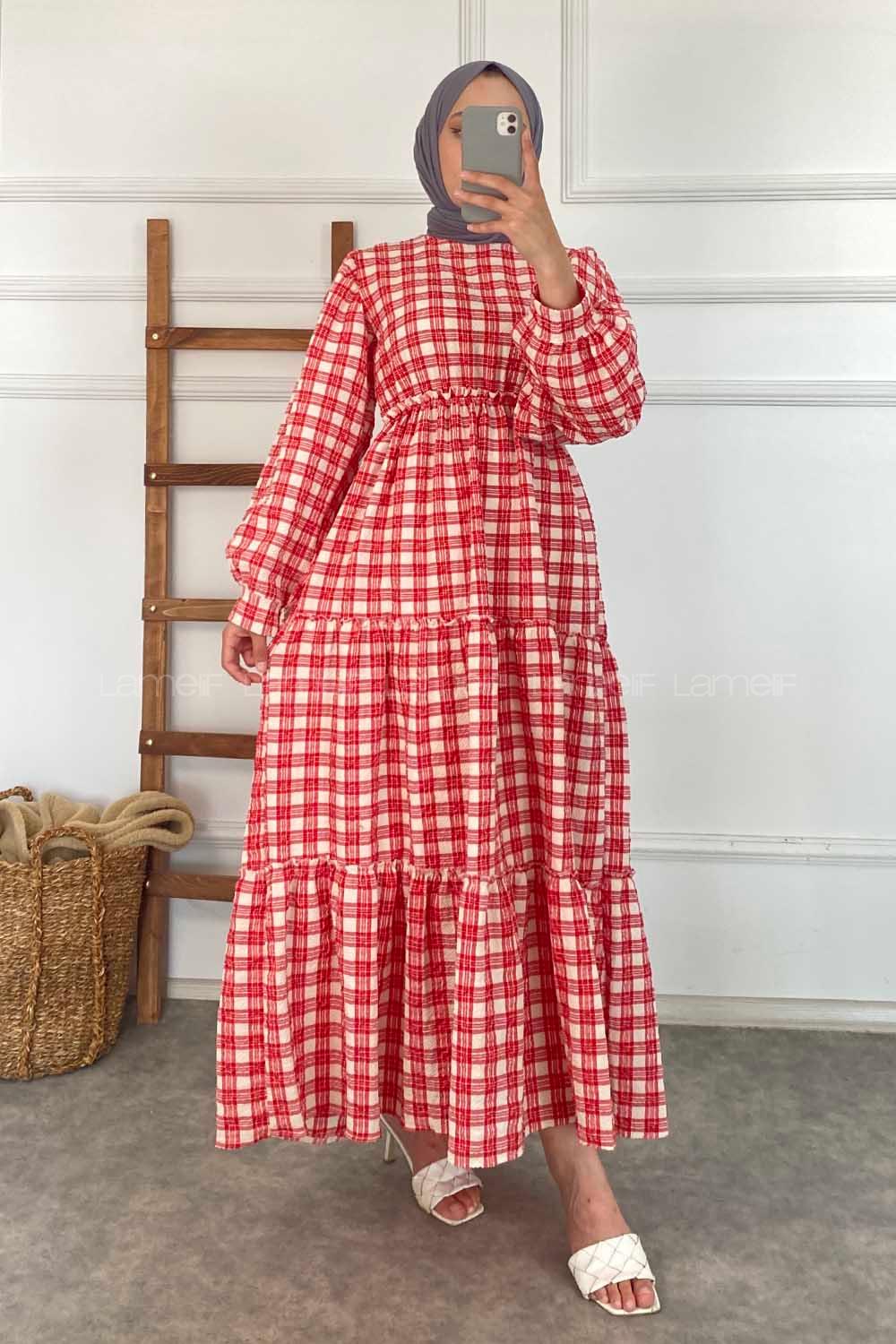 Modalamelif Kare Desenli Beli Lastikli Gofre Elbise Kırmızı