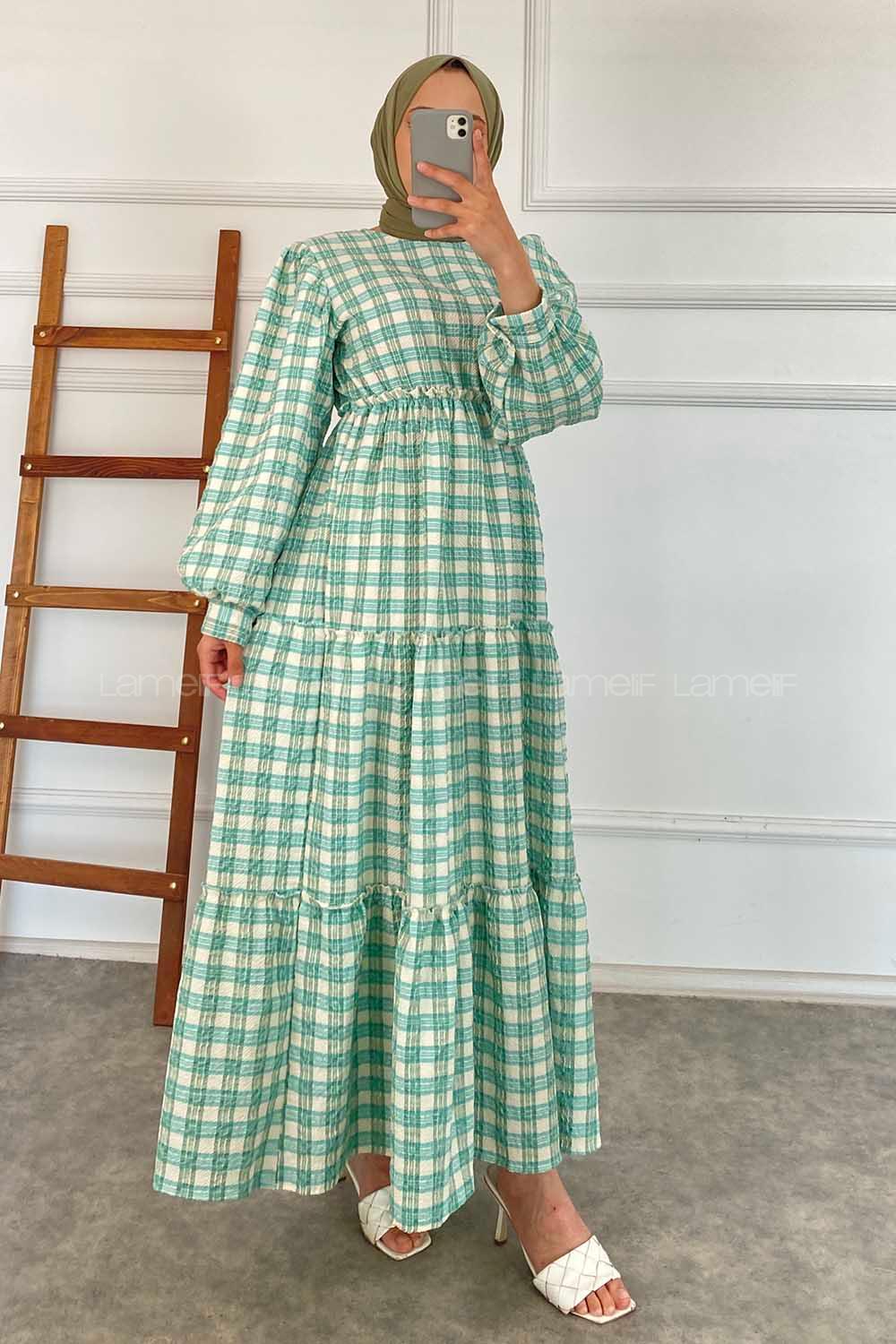 Modalamelif Kare Desenli Beli Lastikli Gofre Elbise Mint
