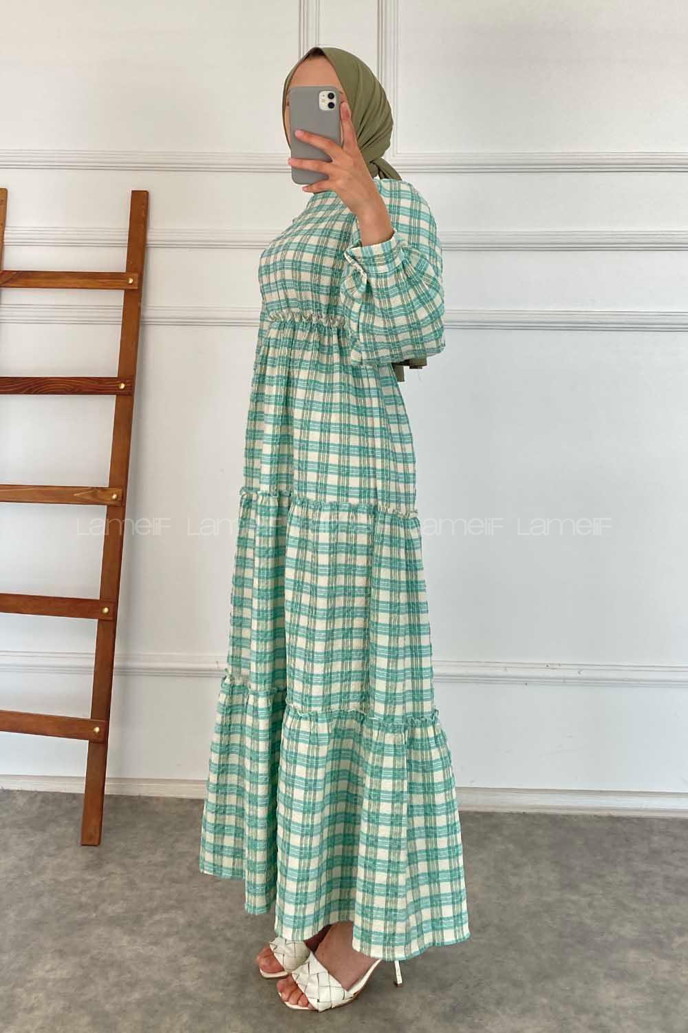 Modalamelif Kare Desenli Beli Lastikli Gofre Elbise Mint