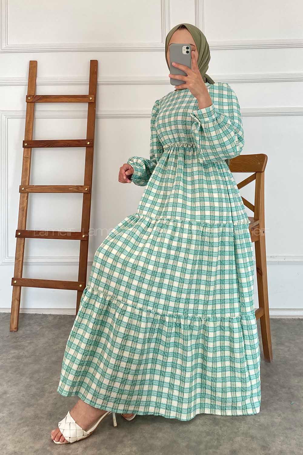 Modalamelif Kare Desenli Beli Lastikli Gofre Elbise Mint