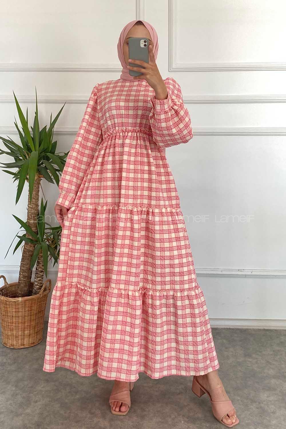 Modalamelif Kare Desenli Beli Lastikli Gofre Elbise Pembe