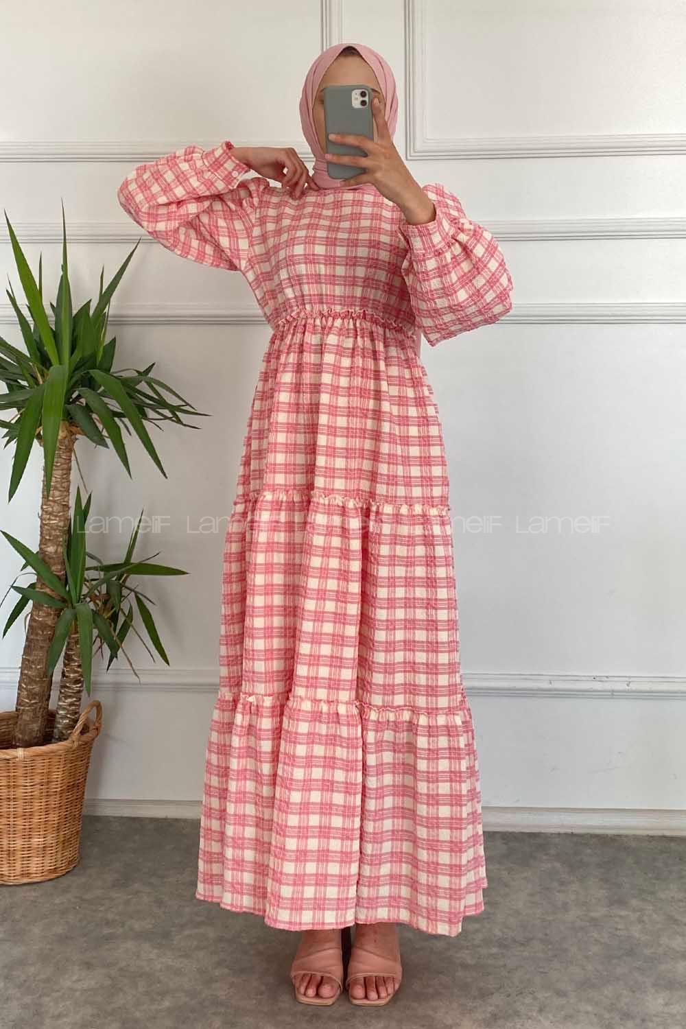 Modalamelif Kare Desenli Beli Lastikli Gofre Elbise Pembe