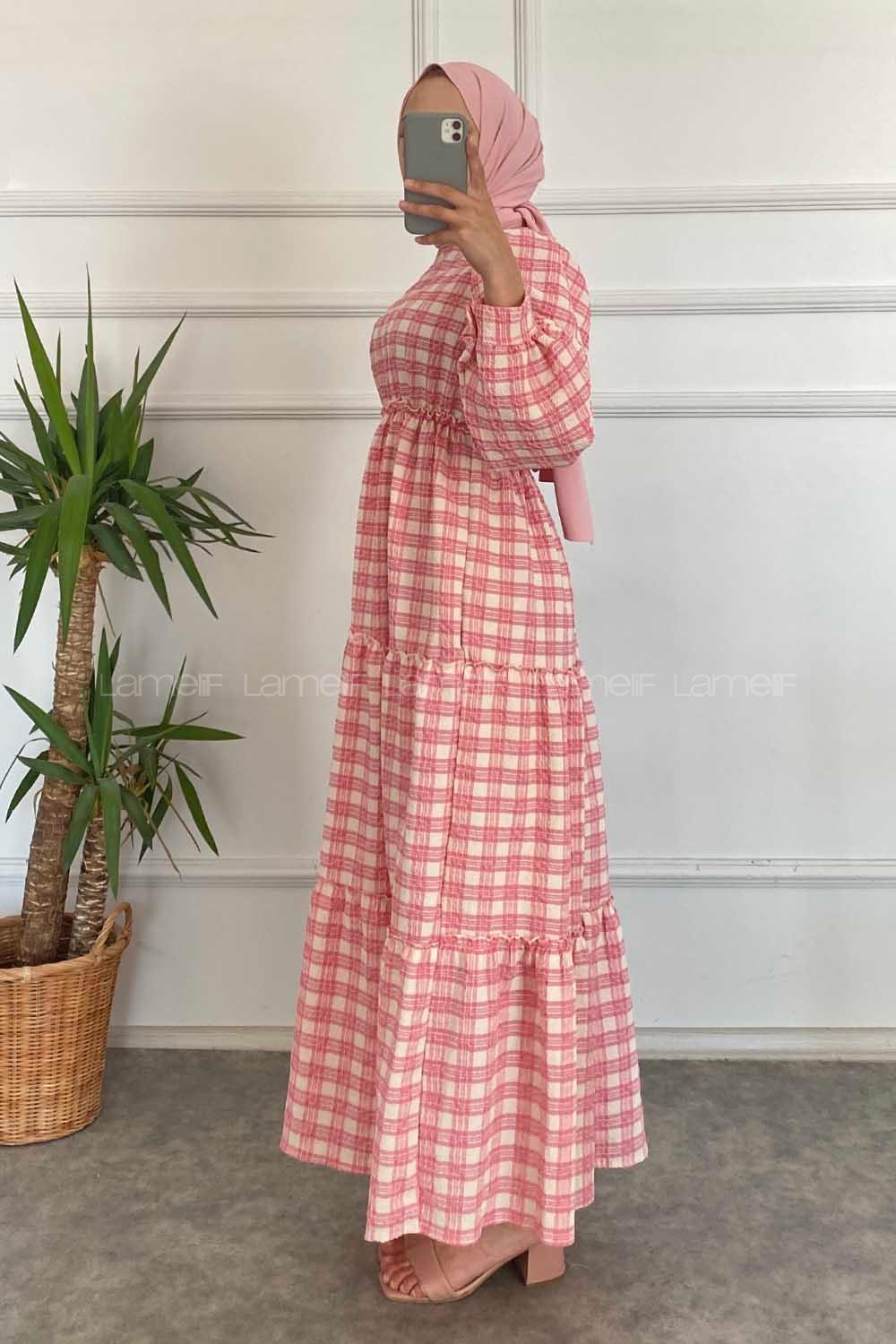 Modalamelif Kare Desenli Beli Lastikli Gofre Elbise Pembe