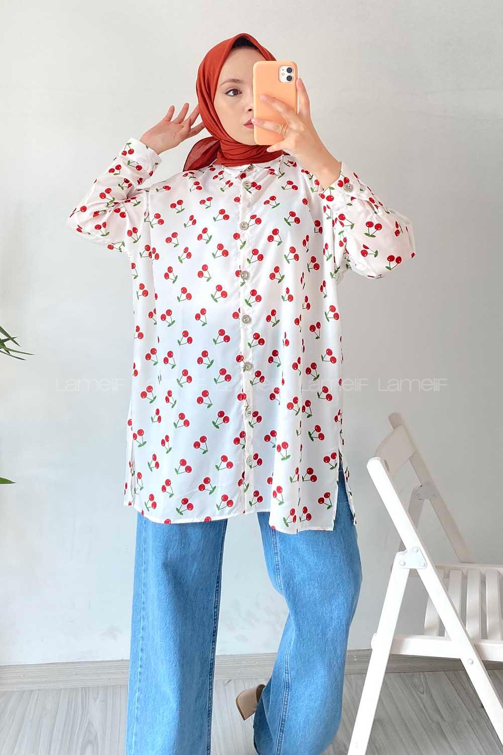Modalamelif Kiraz Desen Gömlek Ekru-Kırmızı