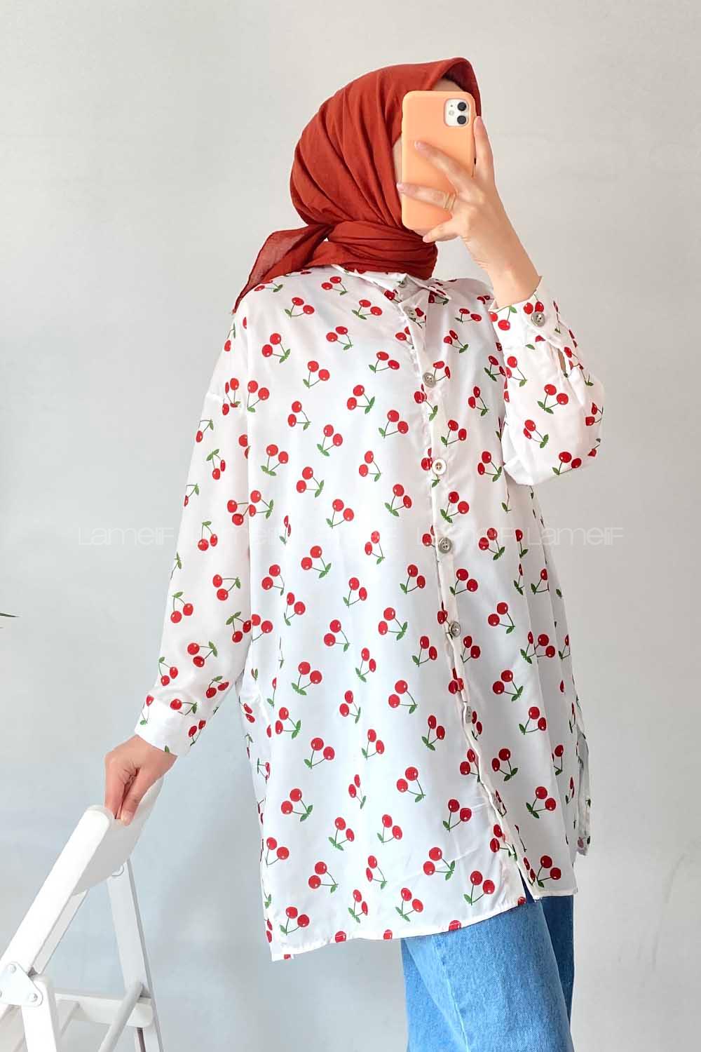 Modalamelif Kiraz Desen Gömlek Ekru-Kırmızı