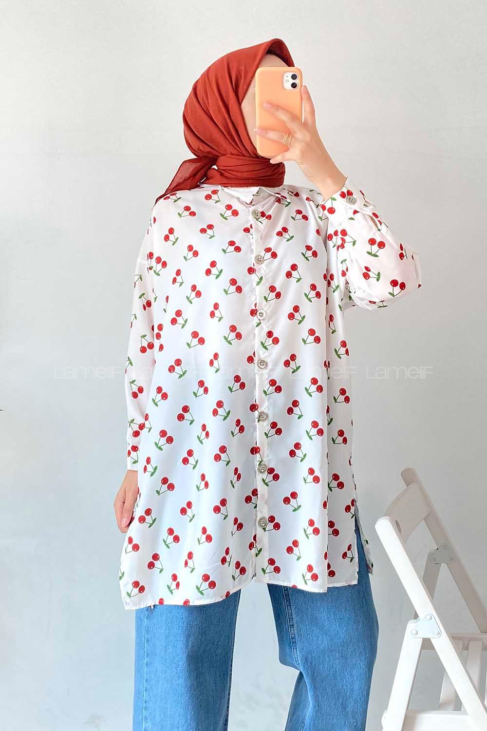 Modalamelif Kiraz Desen Gömlek Ekru-Kırmızı
