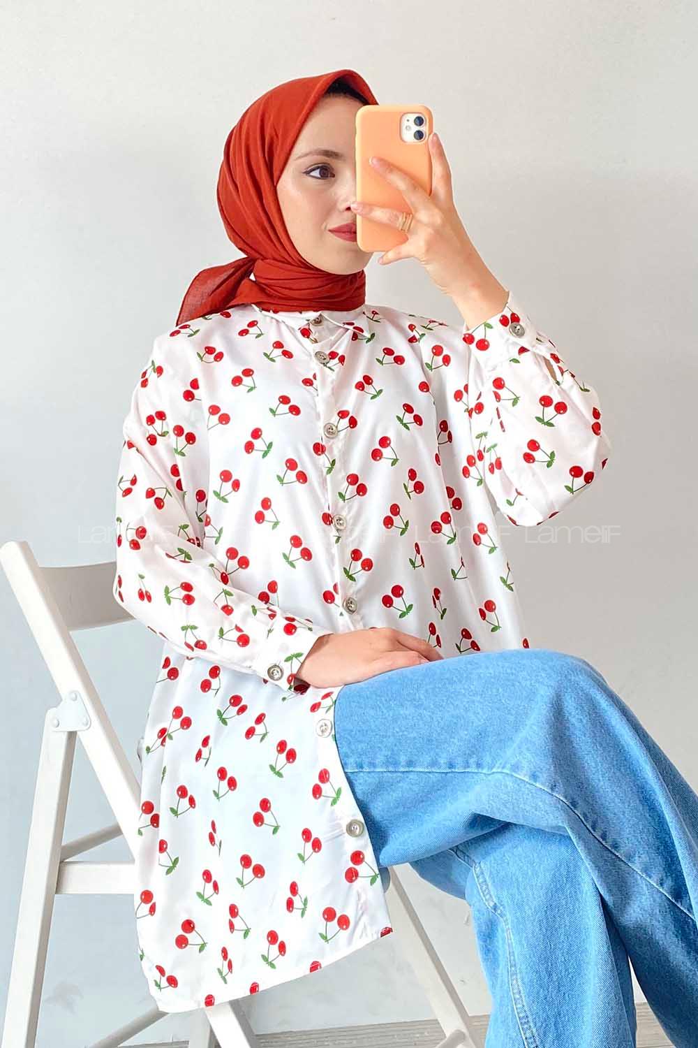 Modalamelif Kiraz Desen Gömlek Ekru-Kırmızı