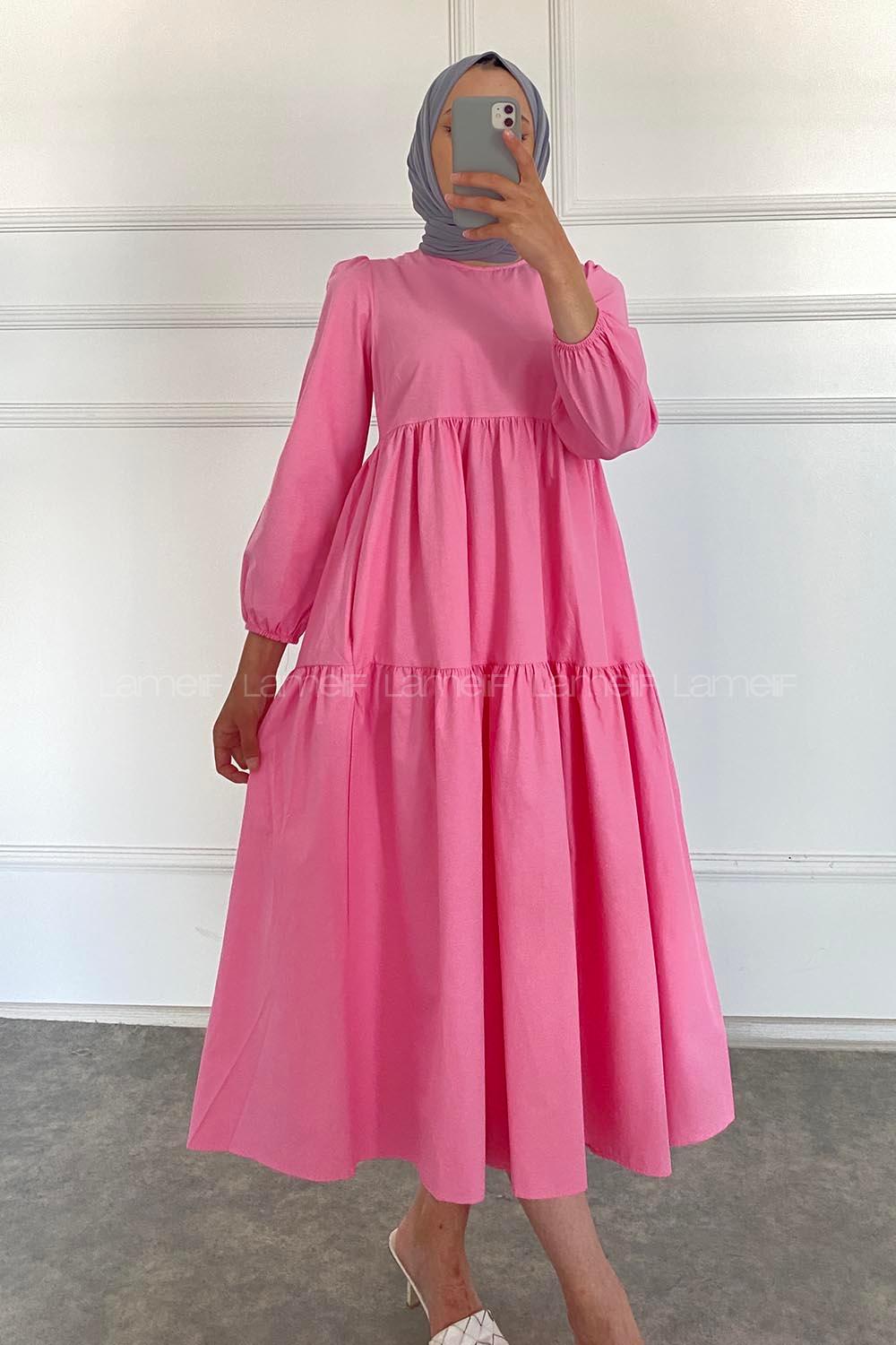 Modalamelif Kol Lastikli Fırfırlı Elbise Pembe