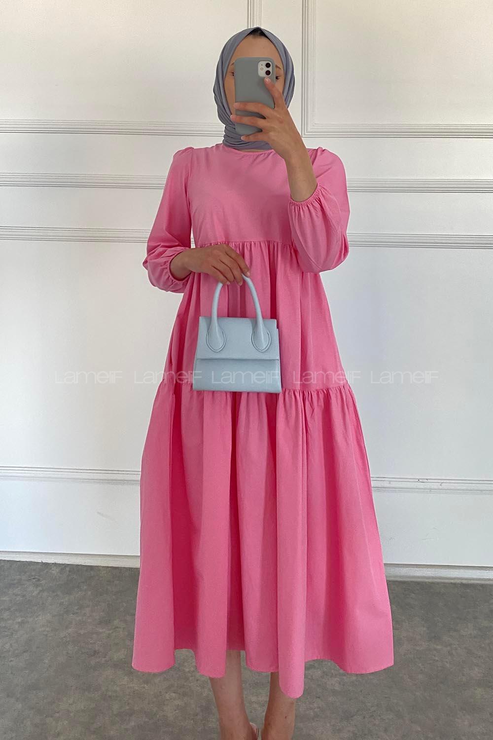 Modalamelif Kol Lastikli Fırfırlı Elbise Pembe