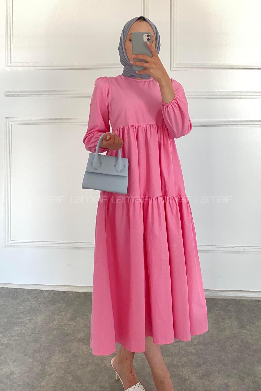 Modalamelif Kol Lastikli Fırfırlı Elbise Pembe