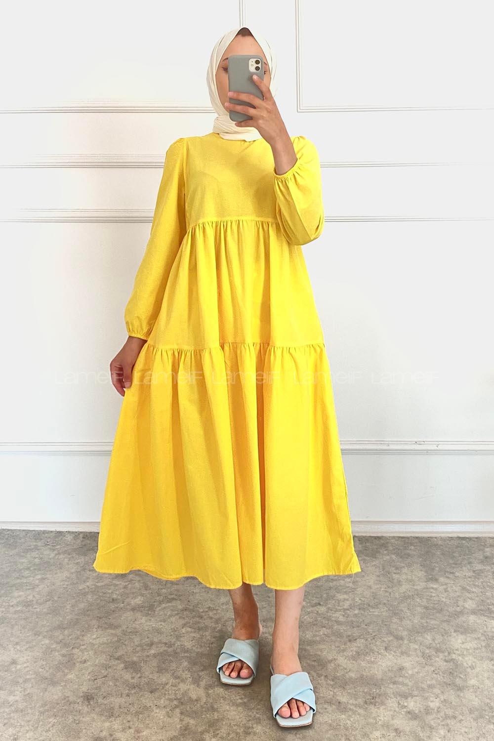 Modalamelif Kol Lastikli Fırfırlı Elbise Sarı