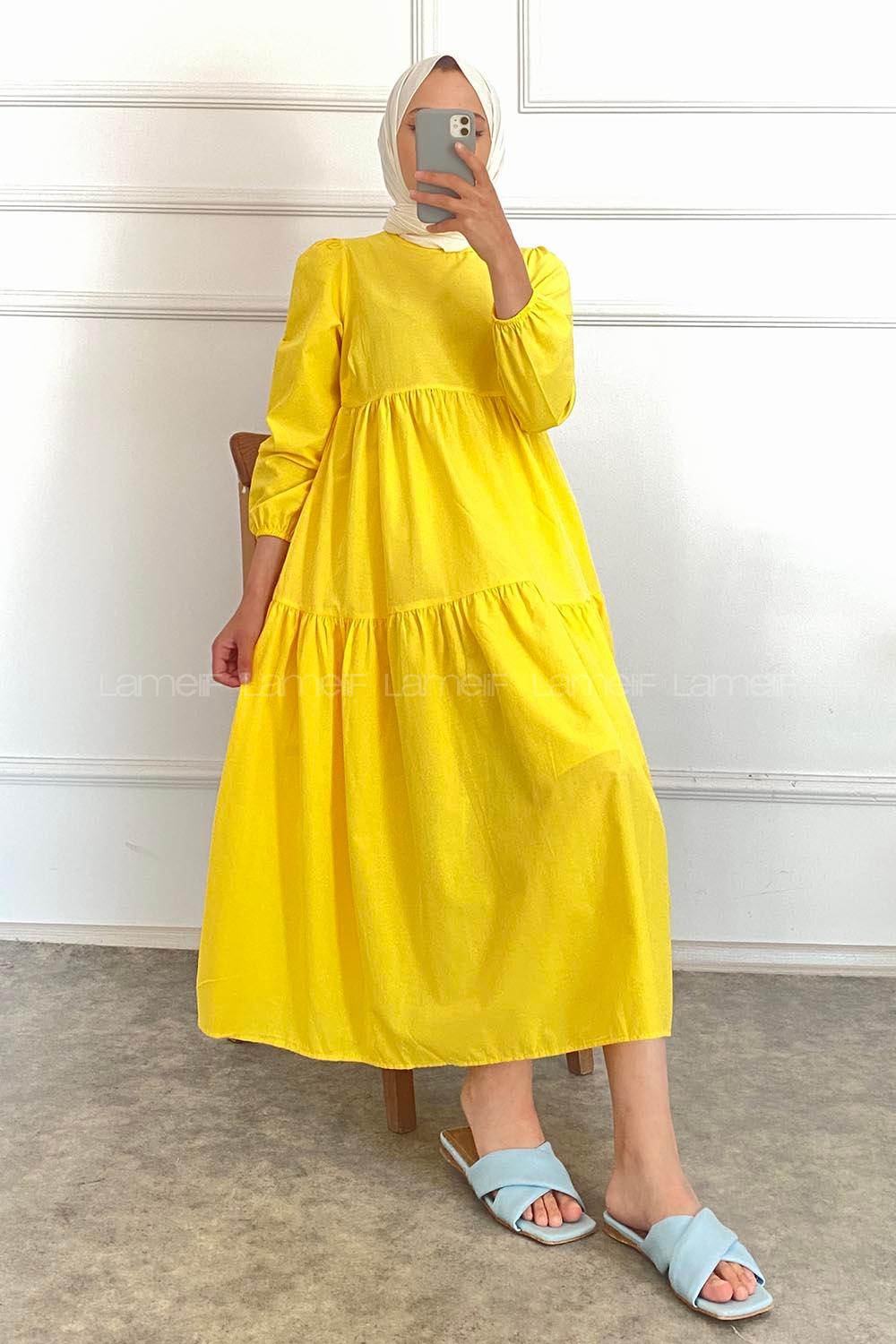 Modalamelif Kol Lastikli Fırfırlı Elbise Sarı