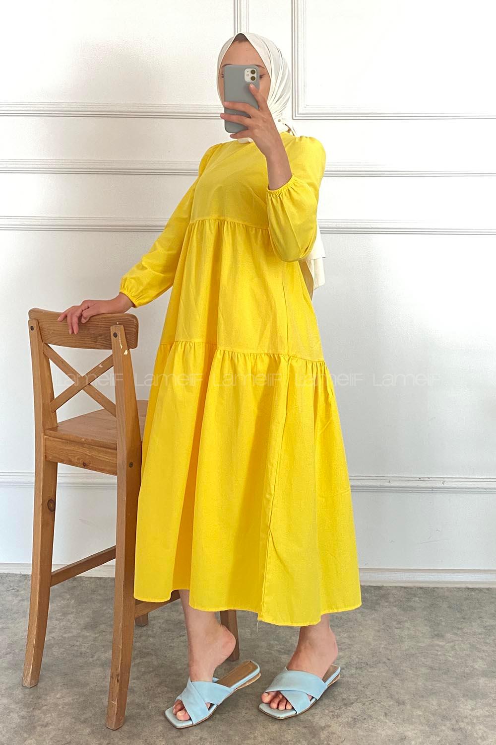 Modalamelif Kol Lastikli Fırfırlı Elbise Sarı