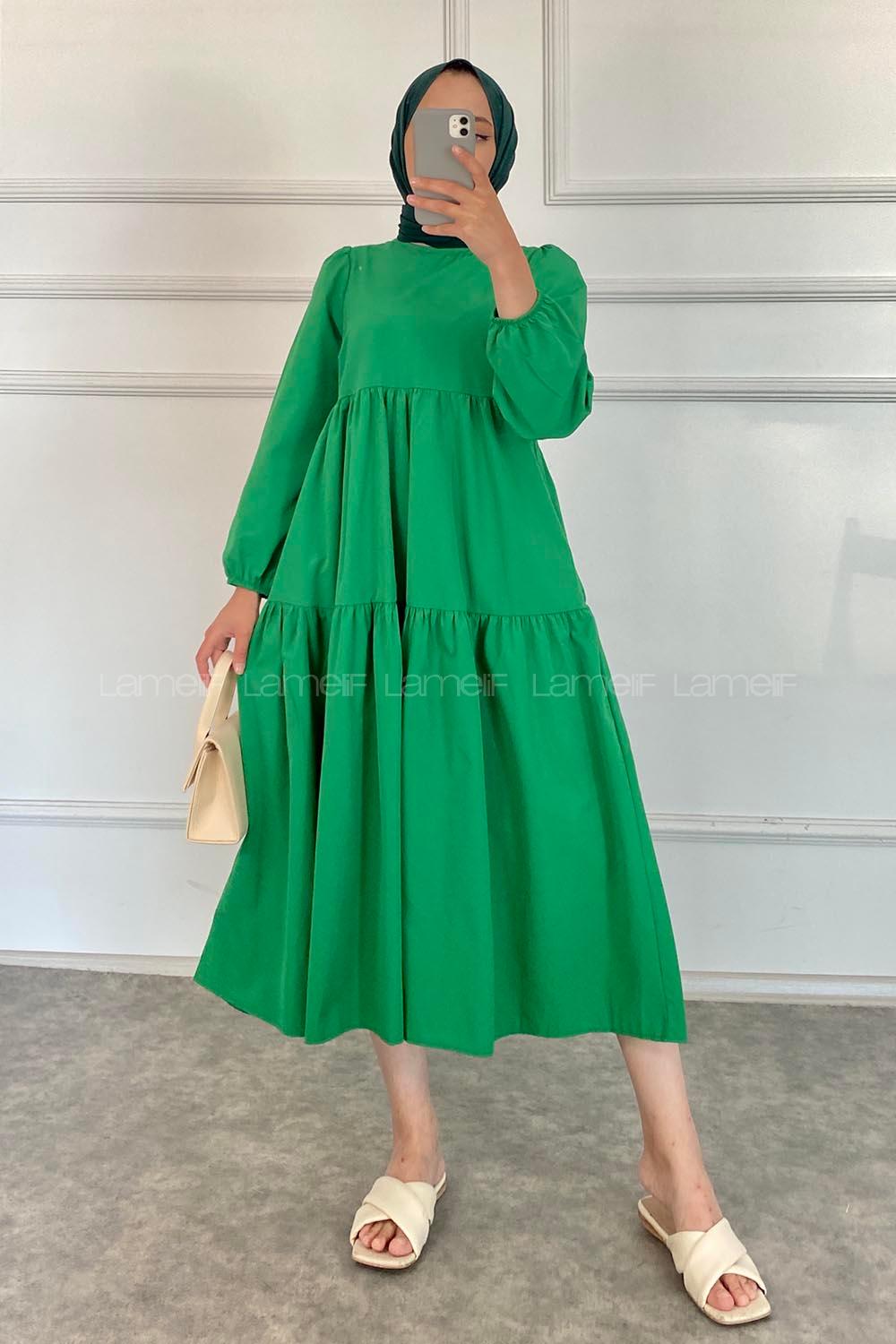 Modalamelif Kol Lastikli Fırfırlı Elbise Zümrüt Yeşili
