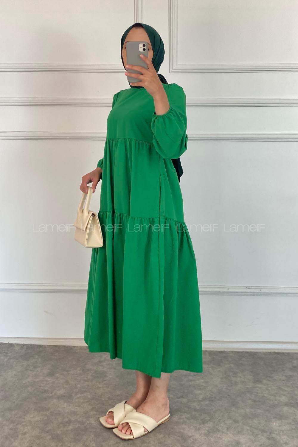 Modalamelif Kol Lastikli Fırfırlı Elbise Zümrüt Yeşili