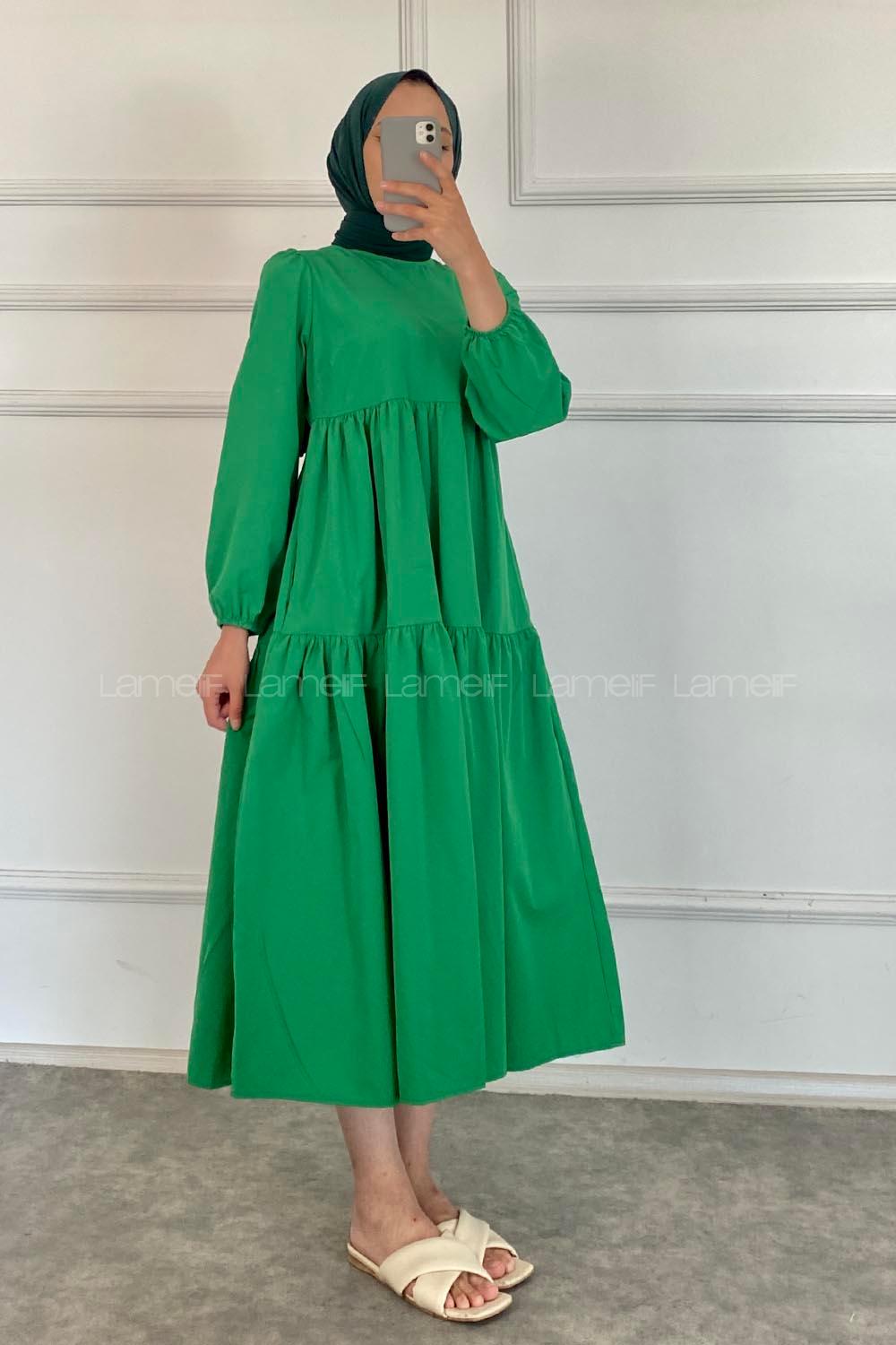 Modalamelif Kol Lastikli Fırfırlı Elbise Zümrüt Yeşili