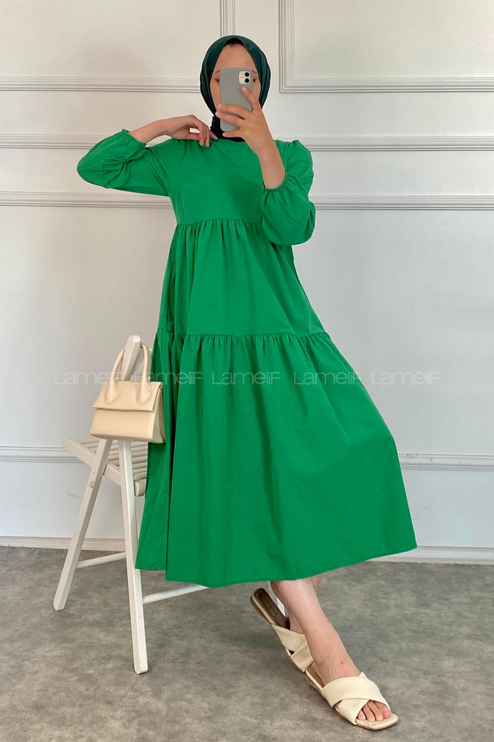 Modalamelif Kol Lastikli Fırfırlı Elbise Zümrüt Yeşili