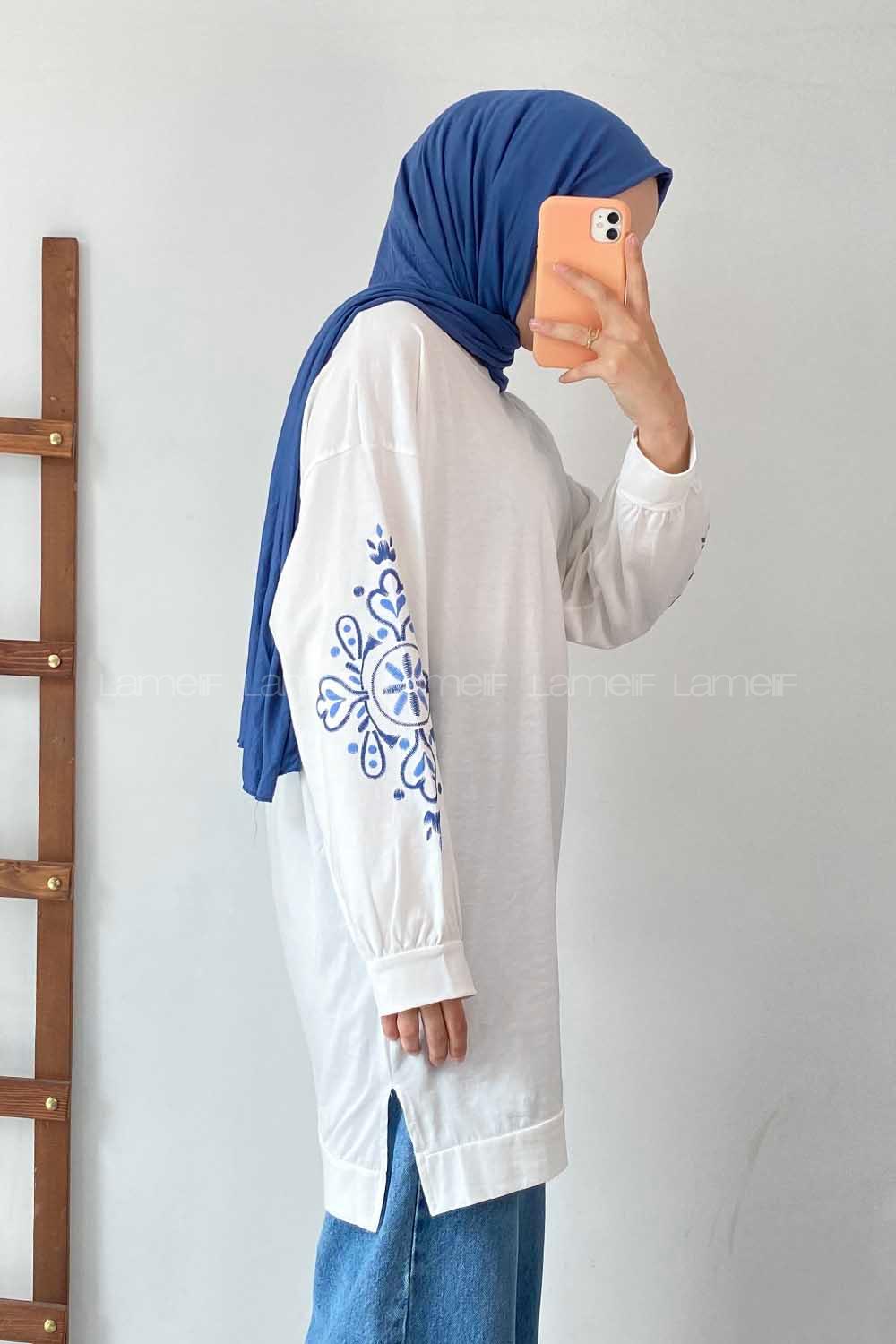 Modalamelif Kolu Nakış İşlemeli Tunik Beyaz