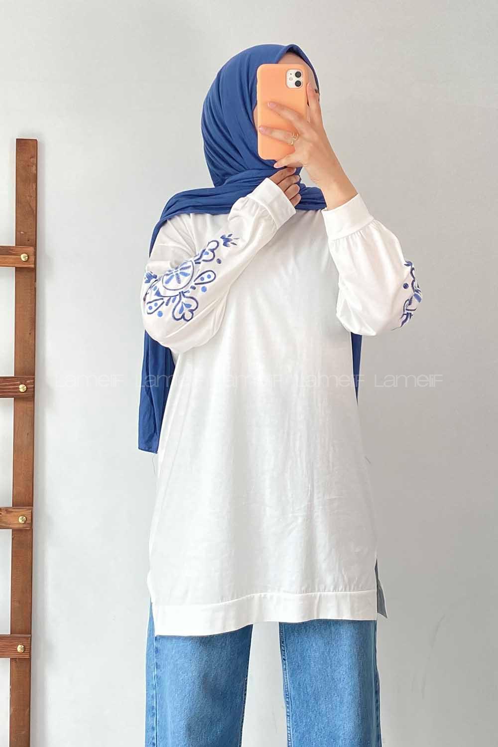 Modalamelif Kolu Nakış İşlemeli Tunik Beyaz