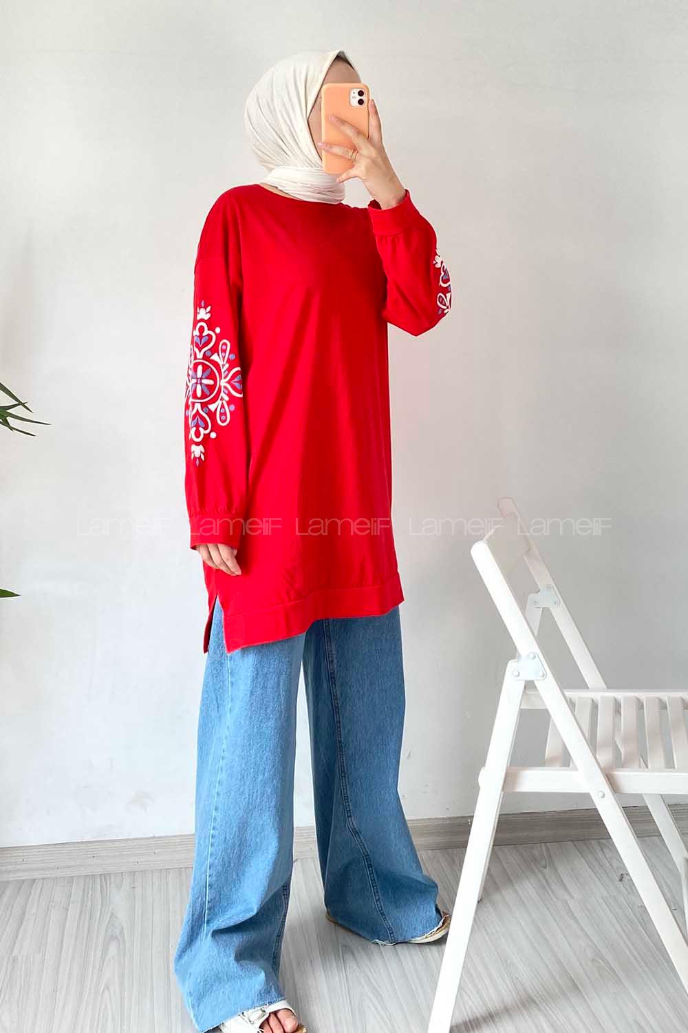 Modalamelif Kolu Nakış İşlemeli Tunik Kırmızı