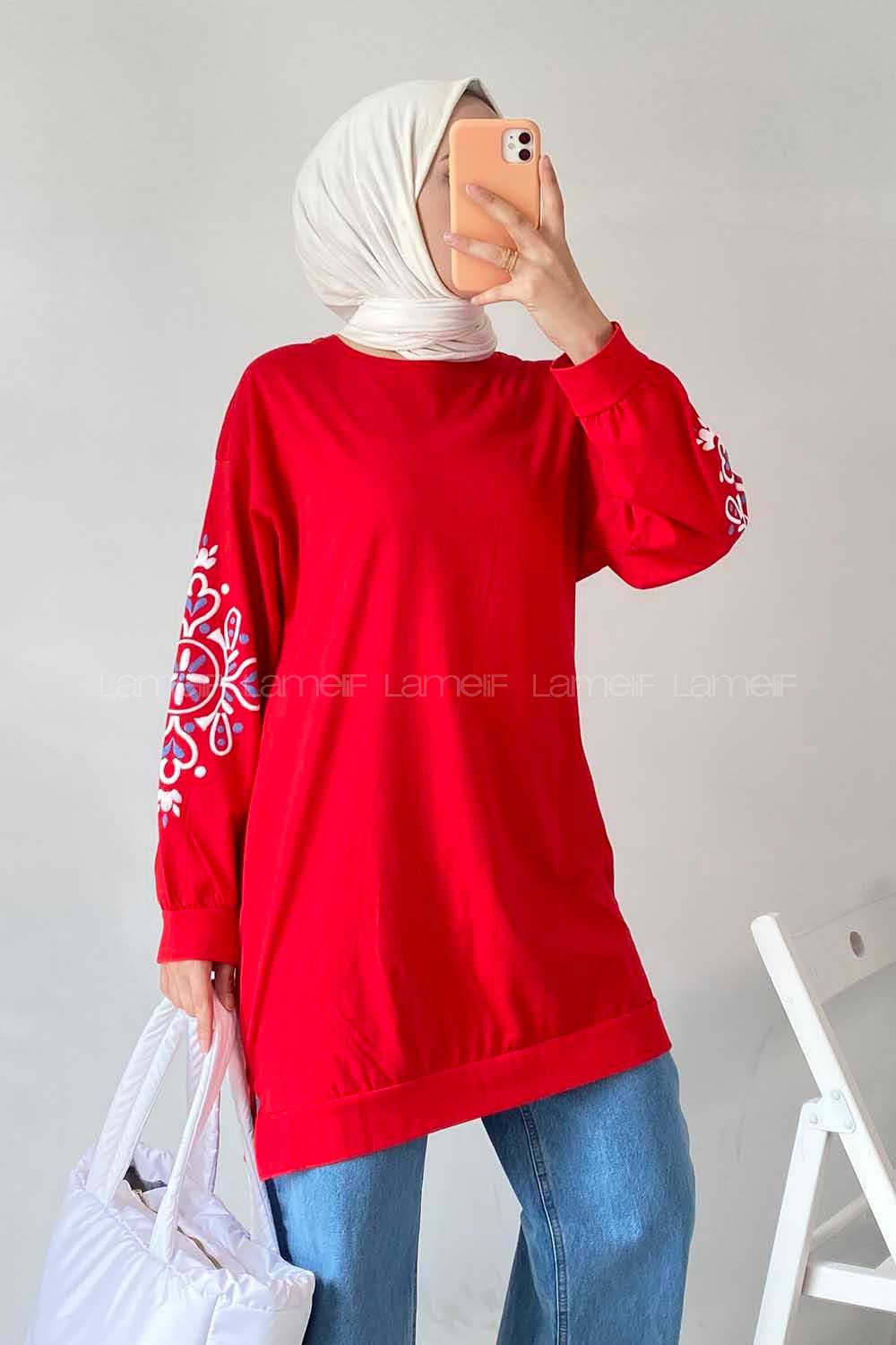 Modalamelif Kolu Nakış İşlemeli Tunik Kırmızı