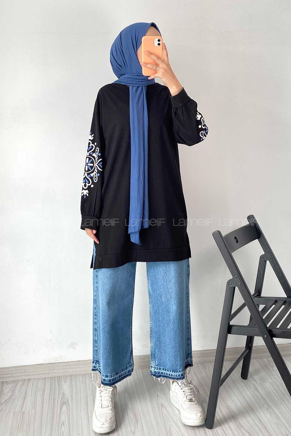 Modalamelif Kolu Nakış İşlemeli Tunik Siyah