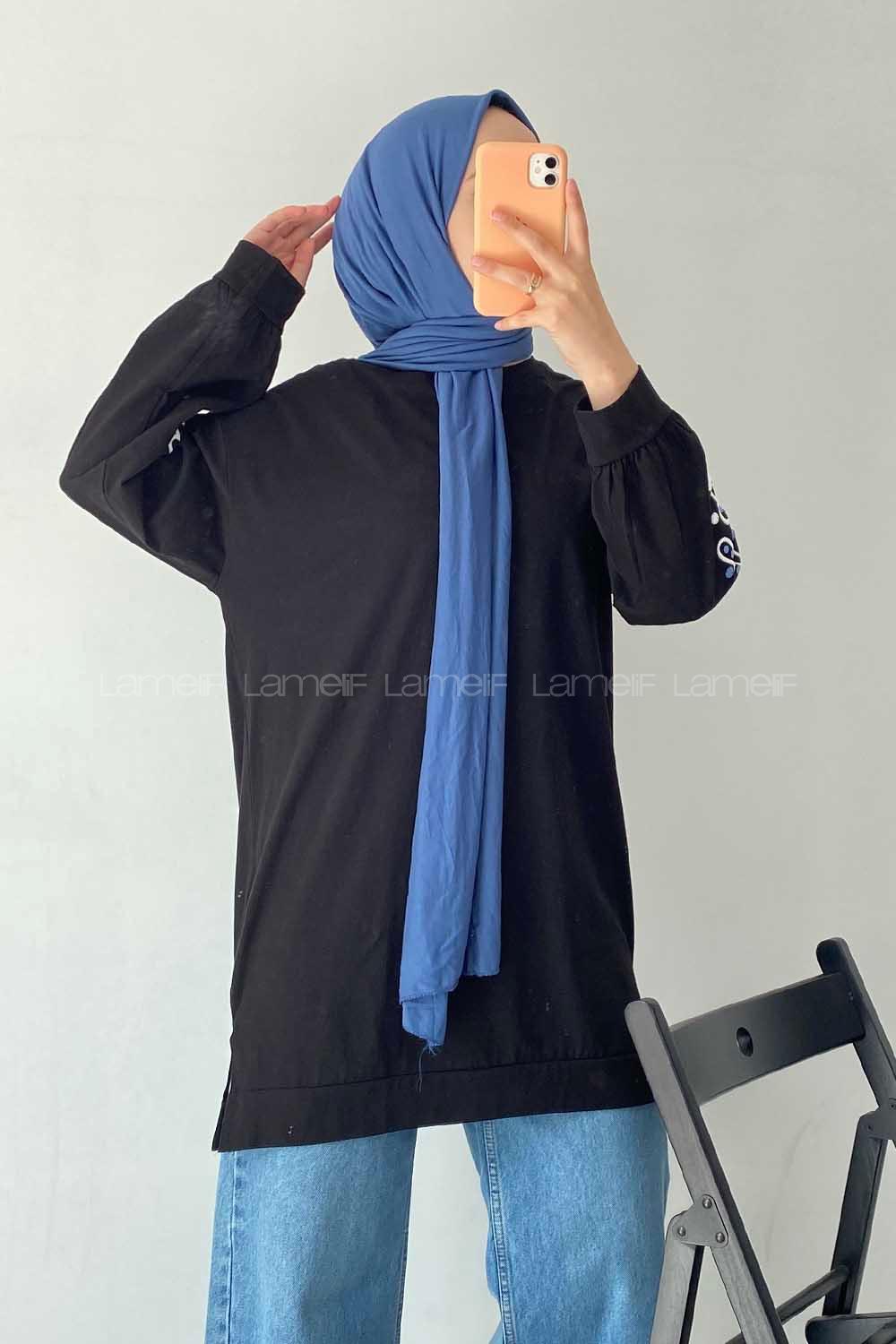 Modalamelif Kolu Nakış İşlemeli Tunik Siyah