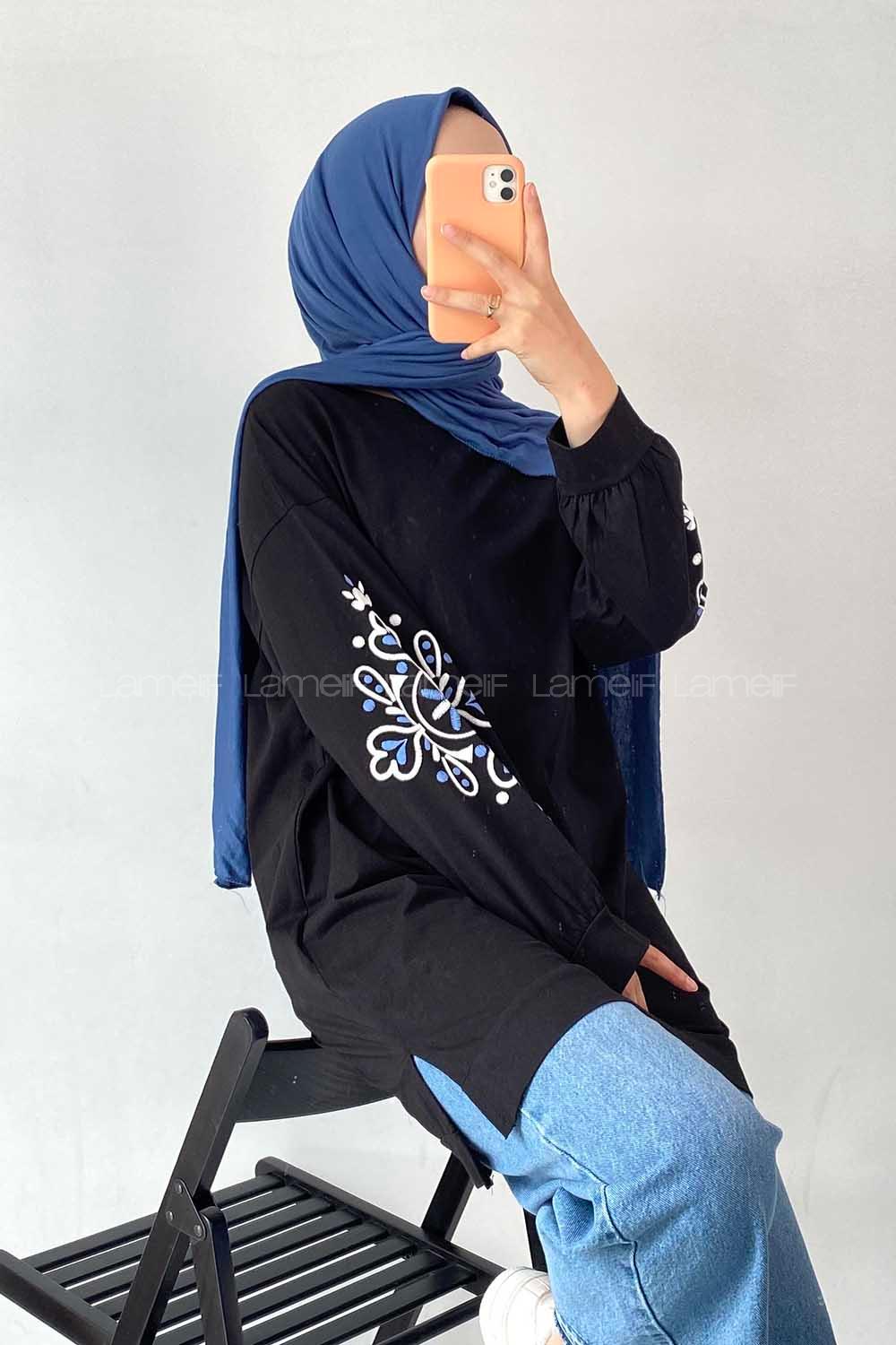 Modalamelif Kolu Nakış İşlemeli Tunik Siyah