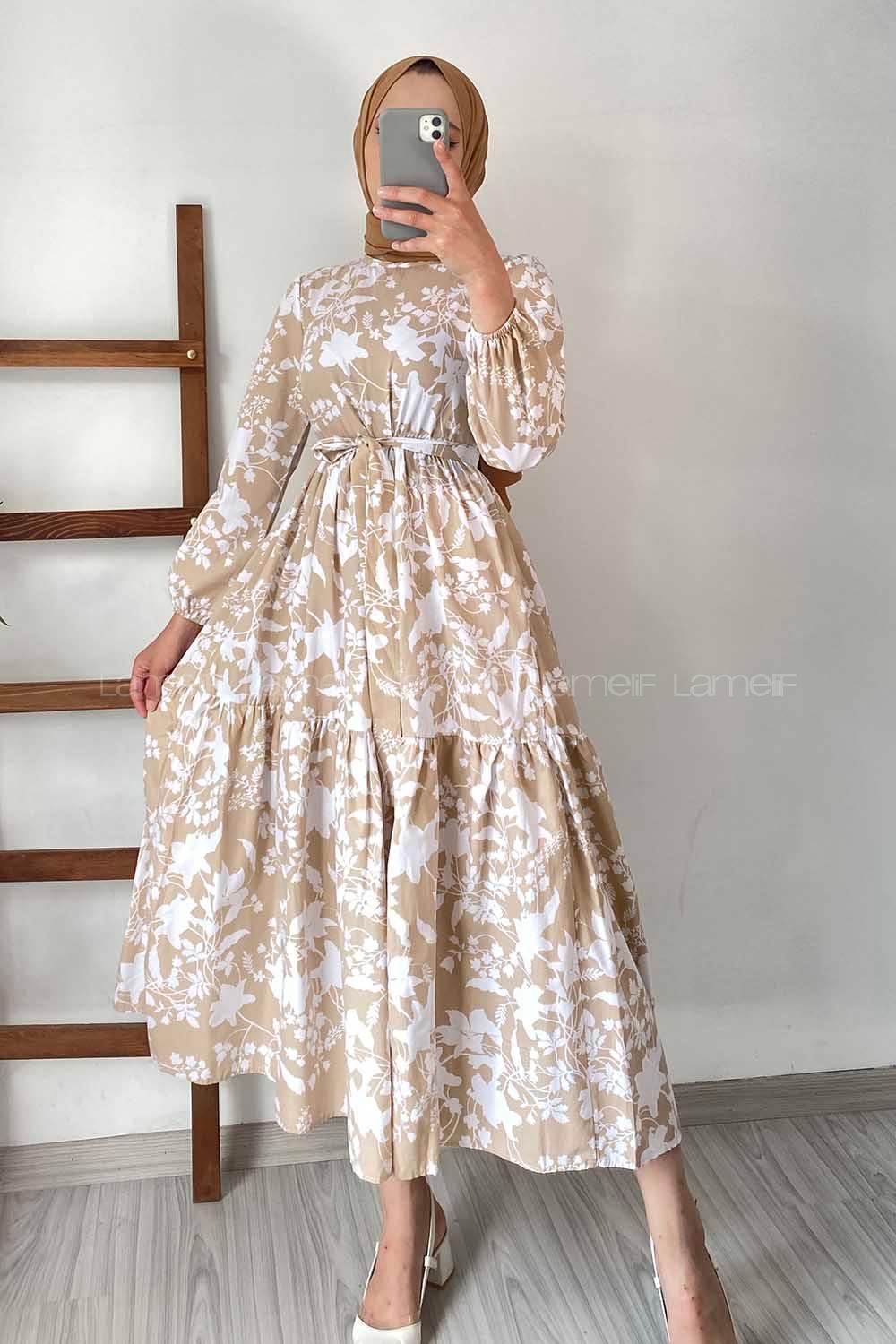 Modalamelif Kuşak Bağlamalı Çiçek Desenli Elbise Bej