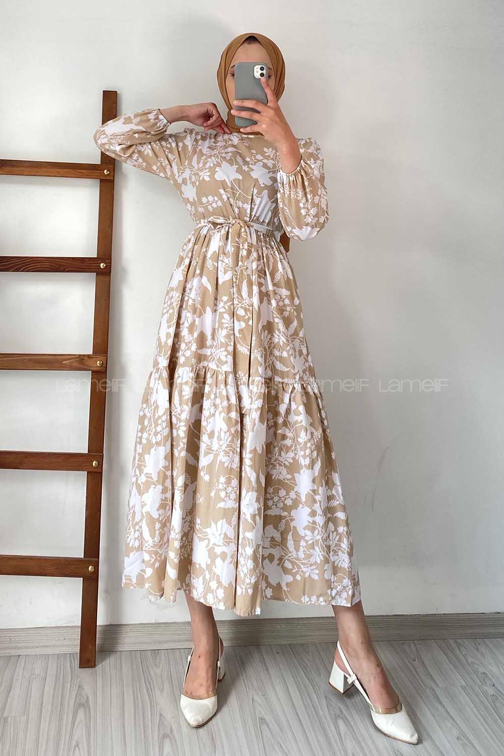 Modalamelif Kuşak Bağlamalı Çiçek Desenli Elbise Bej