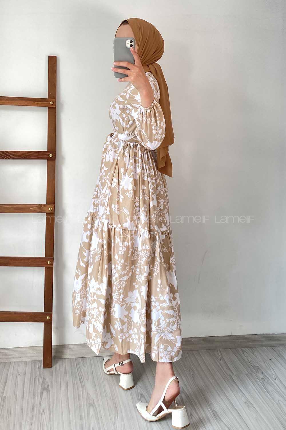 Modalamelif Kuşak Bağlamalı Çiçek Desenli Elbise Bej