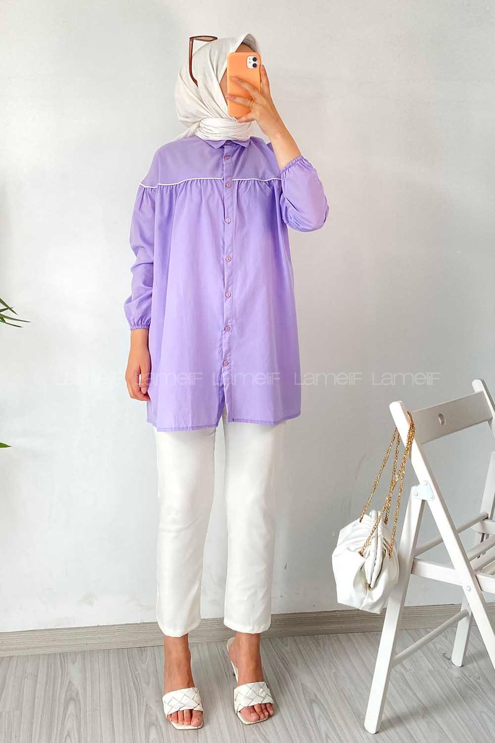 Modalamelif Önü Boydan Düğmeli Şerit Geçişli  Tunik Gömlek Lila